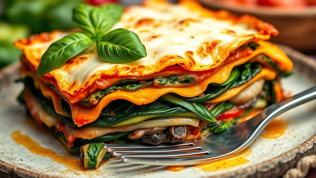 Delicious Vegetable Lasagna Recipe A hearty slice of Vegetable Lasagna with layers of cheese and vegetables on a rustic plate.